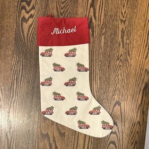 Red and Cream Christmas Stocking with Fire Truck Design- Pottery Barn - Michael